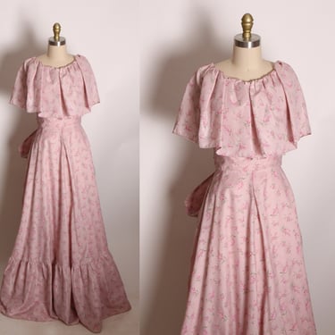 1970s Dusty Rose Light Pink Floral Ruffle Scoop Neck Full Length Bow Detail Formal Prom Pageant Dress -XS 