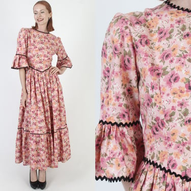RIcRac Rose Floral Romantic Maxi Dress / 70s Americana All Over Flower Print / Rustic Long Ric Rac Trim / Bohemian Bell Sleeve Gown 
