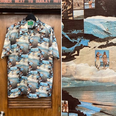 Vintage 1970’s “Joe Namath” Label Surfer Tiki Bikini Ladies Poly Disco Ocean Beach Shirt, 70’s Vintage Clothing 