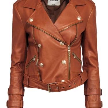 L'Agence - Tan Leather Moto Jacket w/ Gold Button Detail Sz S