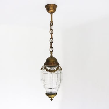 Antique Art Deco French Hanging Lamp with Garlands , Gilded Brass And Etched Glass Ceiling lamp Hallway Pendant Lamp Lantern, 1930s 