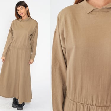 Khaki Maxi Dress 90s Long Tan Cotton Collared Dress Long Sleeve Simple Plain Low Waist Minimalist Brass Plum Nordstrom Vintage 1990s Medium 