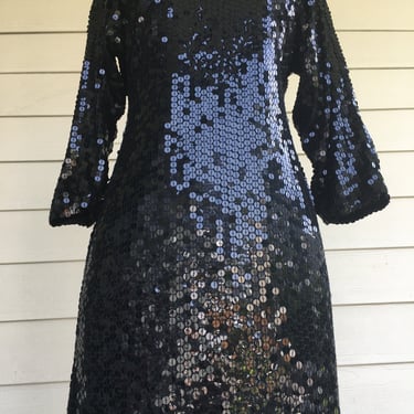 1970s Oleg Cassini Black Sequin Mini Dress 