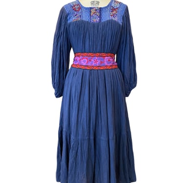 1970s tent dress, navy blue gauze, vintage kaftan, crochet yoke, grecian style, balloon sleeves, Mexican embroidery, open size, festival 