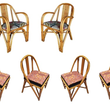 Restored Slat Back Rattan Dining Chairs and Armchairs Set of 6 
