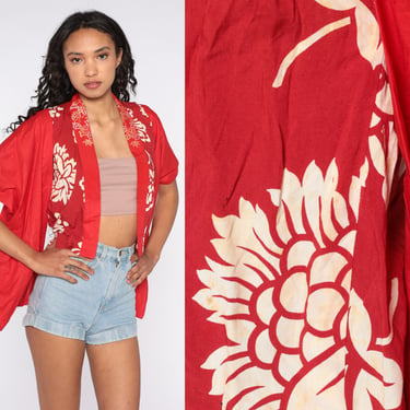 90s Kimono Shirt Red Floral Top JAPANESE Print Asian Blouse 1990s Hippie Short Sleeve Vintage Open Front Extra Small xs 