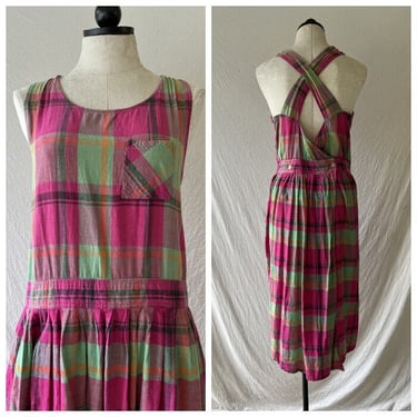 90s Hot Pink Plaid Madras Cotton Wrap Dress with Cross Back Size XL 