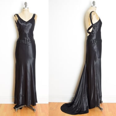 vintage 90s prom dress black liquid satin train backless crisscross party gown M clothing 