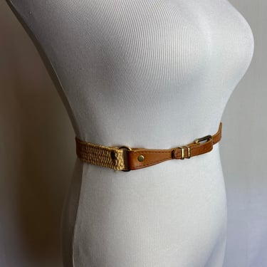 70s 80s skinny belt~ natural tone woven textile with brown leather preppy boho semi stretchy thing trouser belts size Small 