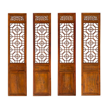 Chinese Brown Geometric Pattern Theme Wood Panel Floor Screen 4pcs cs7558E 