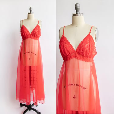 1960s Nightgown Nylon Chiffon Lingerie Sheer Slip S/M 
