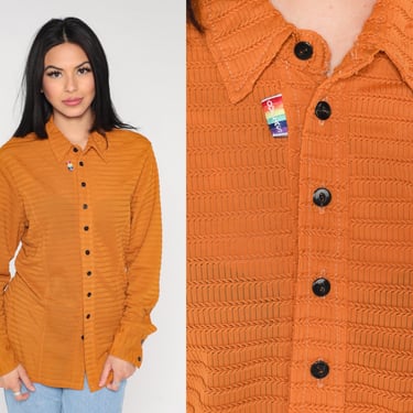 Burnt Orange Button Up Shirt Y2K Semi Sheer Long Sleeve Collared Top Ovlas Basic Plain Minimalist Solid Oxford Vintage 00s Medium Large 