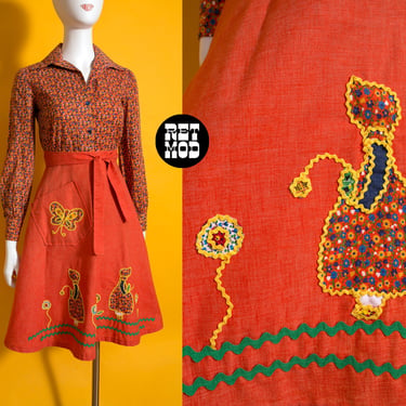 Super Adorable Vintage 70s Orange Floral Applique Wrap Skirt & Matching Blouse 