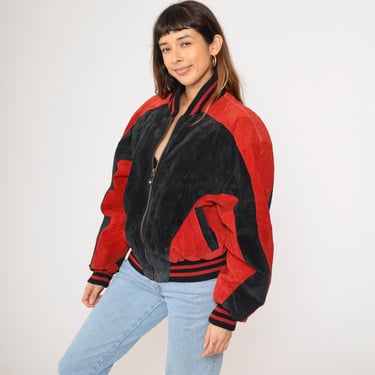 Vintage 80s Suede Leather Jacket Red Black Color Block Bomber Motorcycle 90s Moto Jacket 1980s Varsity Coat Biker Zip Up Oversized Small S 