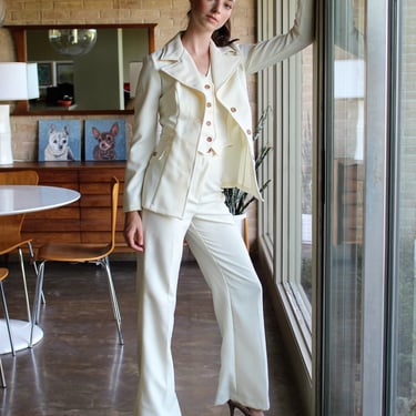 70s Pant Suit, Three Piece Suit, Ivory Polyester, Size 7 Women, 1970s business suit, new old stock 