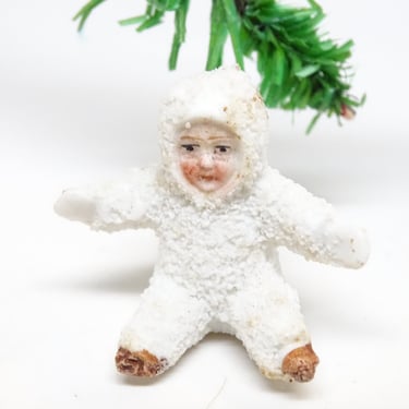 Vintage German Sitting Snow Baby, Tiny Antique Snowbabies, Antique Retro Christmas Decor 