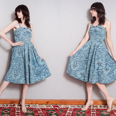Vintage 1950's | Blue | Polynesian Print | Cotton | Pin-up | Fit & Flare | Mid Century | MCM | Dress | S/M 