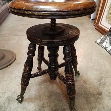 Antique Wood Swivel Stool with Cast Iron and Glass Feet