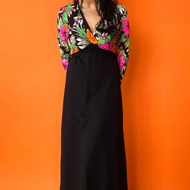 1970s Black Tropical Floral Maxi Dress, sz. M/L