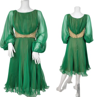 1960's Green Poly Chiffon Beaded Pleated Dress I Sz Sm I Jack Bryan 