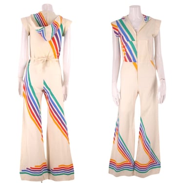 70s rainbow bell bottom jumpsuit, vintage 1970s ICONIC hood jumpsuit, 70s bell bottoms, flare one piece romper 