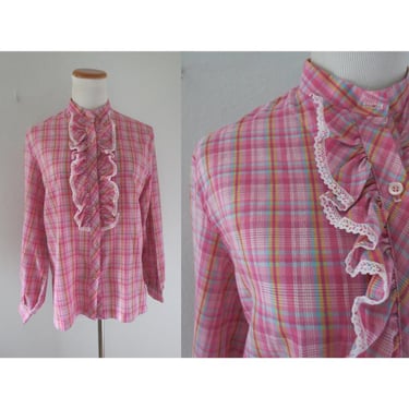 Vintage Western Blouse - Pink Plaid Ruffle Top - Long Sleeve Western Button Up Shirt - 70s 1970s - Size Small Medium 