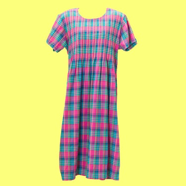 Vintage 1980s Pink and Green Plaid Dress | 80s Preppy | Large | 8 