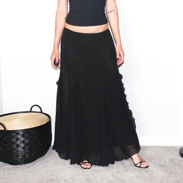 y2k vintage black silk minimalist low rise ruffle jellyfish maxi skirt 