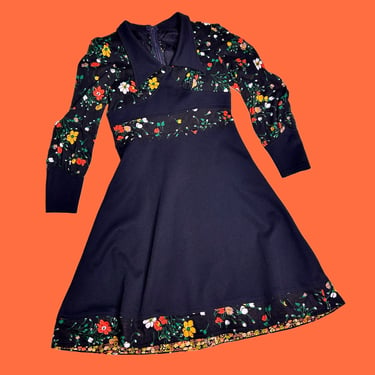 Vintage 1970s Black Floral Mini Dress with Exaggerated Dagger Collar 
