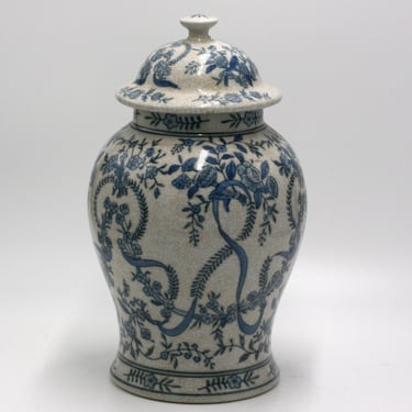 vintage ginger jar with blue floral crackle finish 