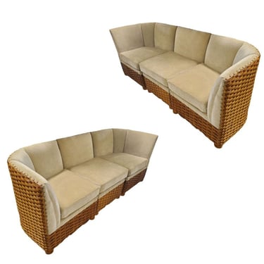 Mid Century Woven Wicker Sectional Dinner Booth, Pair 