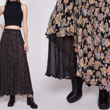 Medium Vintage Reversible Polka Dot & Floral Maxi Skirt NWT | Y2K Nordstrom Rayon Lettuce Hem Boho A Line Flowy Skirt 