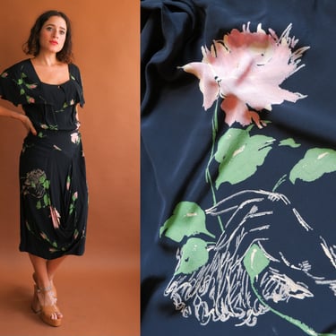 Vintage 40s Hand and Rose Print Rayon Draped Dress/ 1940s Drop Shoulder Black Cold Rayon Dress/ Novelty Print/ Size Medium 