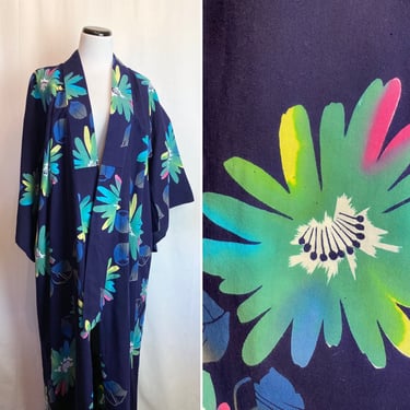 Beautiful bright cotton Kimono Robe~ vivid rainbow floral navy blue structured handmade vintage robe 