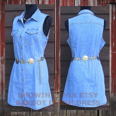 Women's Blue Jean Denim Retro Western Dress, Rodeo Queen, Button-Down Sleeveless, Tag Size 8, Approx. Small  (see meas. below) 