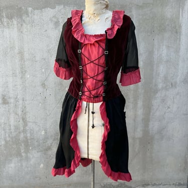 Vintage 1930s Does Victorian Bodice Dress Lace Up Corset Pink &amp;Black Silk Velvet
