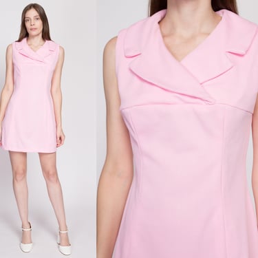 Medium 60s Pink Mod Mini Dress Petite | Vintage Notched Collar Sleeveless A Line Babydoll Dress 