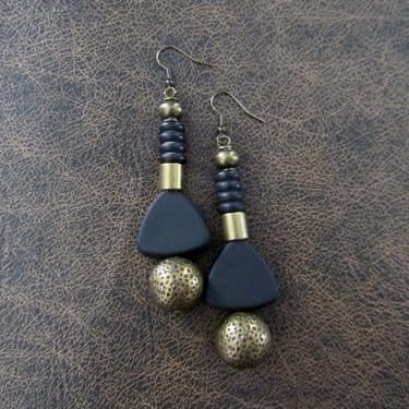 Large black and bronze mid century modern earrings 