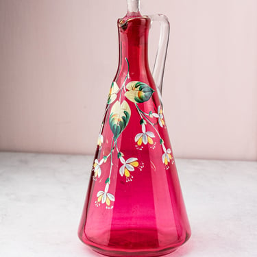 Antique French Enameled Cranberry Glass Decanter