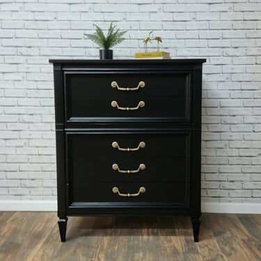 Available! Deep Black Midcentury Neoclassical chest of drawers 