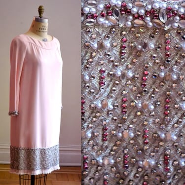 60s Vintage Beaded Dress Pink Rhinestone Mad Men Dress Large// Vintage Pink Beaded Rhinestone Party Dress 60s 70s Vintage GLam Dress 
