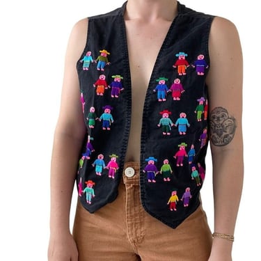 Vintage Womens Rainbow Hand Embroidered Guatemala Cotton Waistcoat Vest Sz M 