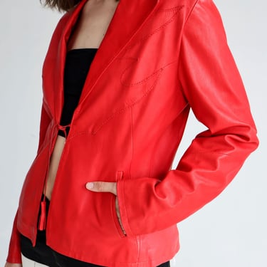 Vintage Italian Made Red Leather Blazer with Flame Detail + Tassel Tie Front sz XS S M Jacket Open Front 90s 