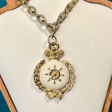 Nautical Pendant Necklace Cream Enamel Gold Tone Chain Vintage Retro Fashion 