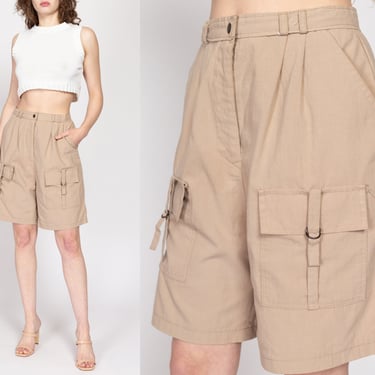Medium 80s Khaki Pleated Cargo Shorts 28" | Vintage High Waisted Casual Long Mom Shorts 
