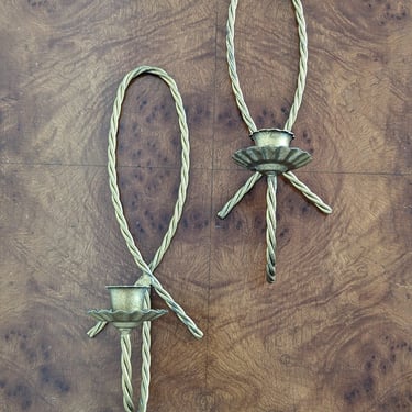 Vintage Gold Rope Twisted Bow Metak Candlestick Wall Sconces 