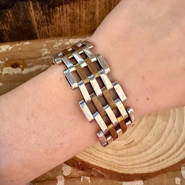 VINTAGE MEXICAN MESH 1990s Brass and Silver Bracelet | Made in Taxco, Mexico | 90s Sterling Silver .925 | Mexican Jewelry 