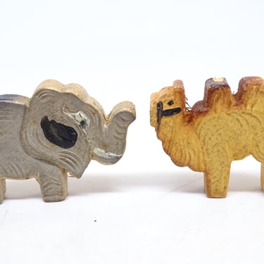 2 Antique 1940's Small German Animals, Hand Painted Wooden Camel and Elephant, Vintage Hand Carved Toys for Christmas Putz or Nativity 