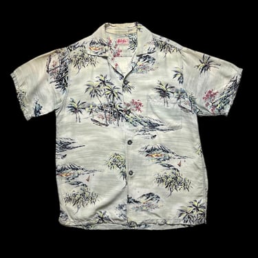 Vintage 1950s HALE-NIU Rayon Hawaiian Sport Shirt ~ XS to S ~ Loop / Camp Collar ~ Palm Tree Print / Atomic / Aloha / Surf 