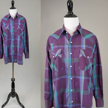 80s 90s Men's Plaid Shirt - Country Western - Purple Green Blue Gray Yellow - Pearl Snaps - Rock Canyon - Vintage 1980s 1990s - M 